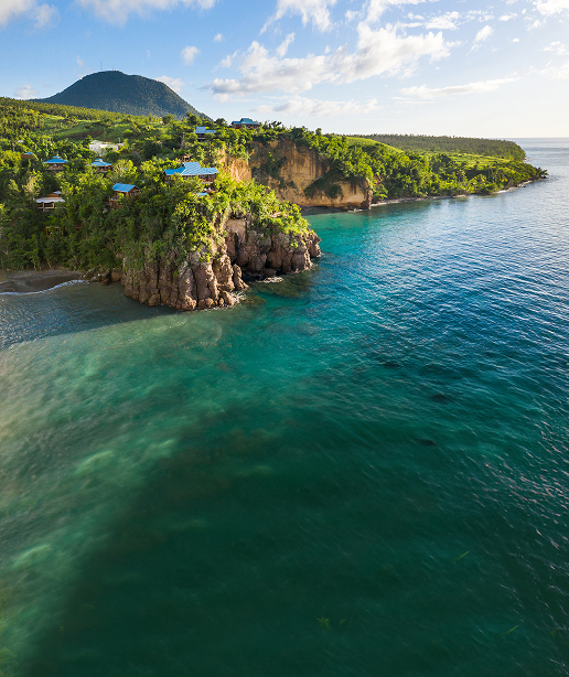Aerial view of turquoise ocean along a rocky coastline with villas on a lush green cliffside under a clear sky.