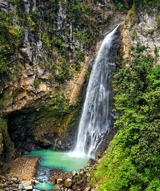 Tall waterfall cascading into a turquoise pool beside a rocky grotto, surrounded by dense green vegetation.